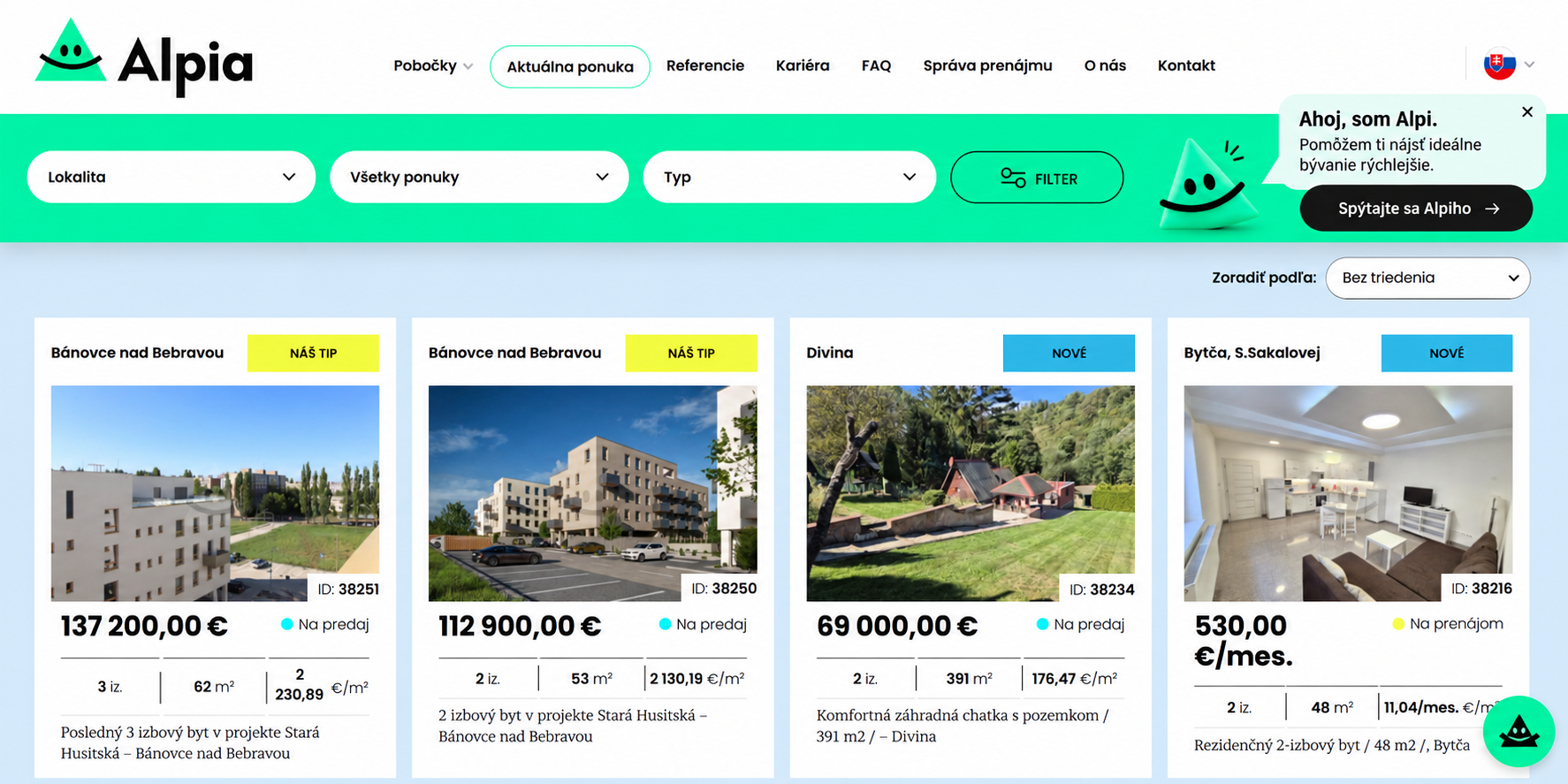 Ponuka nehnuteľností na reality-zilina.com s uvítacou bublinou asistenta Alpi vo filtrovacom páse.