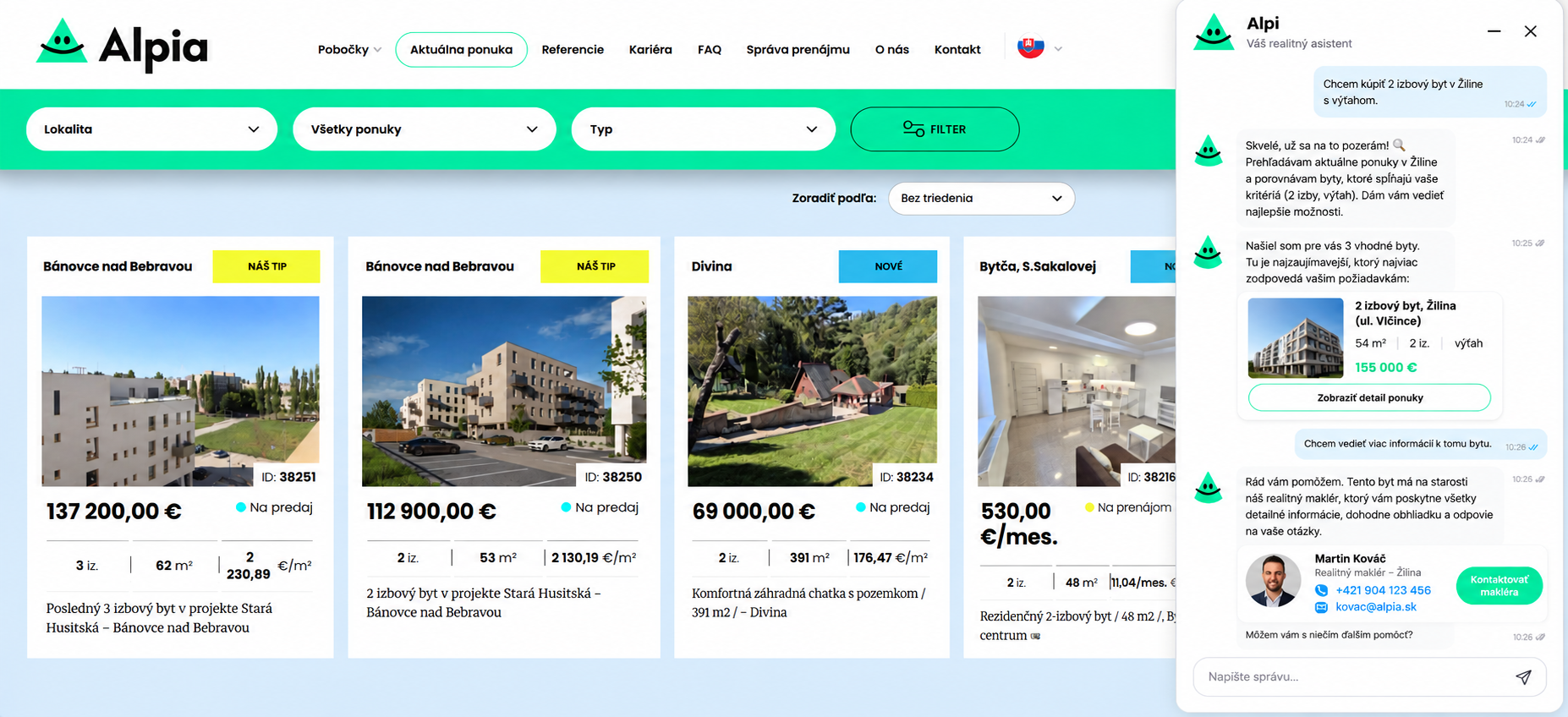 Pokračovanie rozhovoru: na žiadosť o viac informácií Alpi odovzdáva kontakt na makléra pobočky s telefónom a e-mailom.